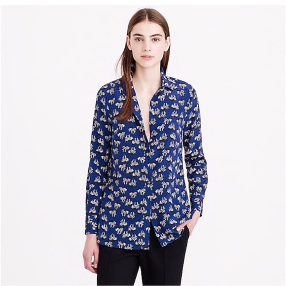J. Crew Tops - J. Crew Zebra Parade Classic 100 % Silk Blue Blouse size 2